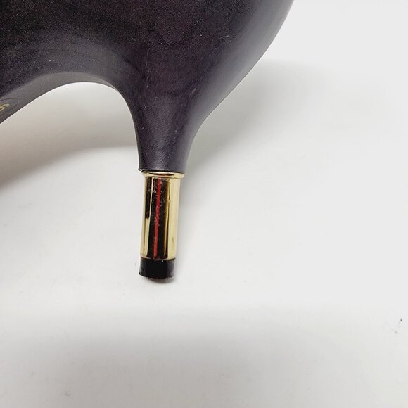 Baby Phat Tan Suede Mule Heels Gold Logo Buckle Rhinestone Studded Shoes sz 9 - Picture 3 of 7